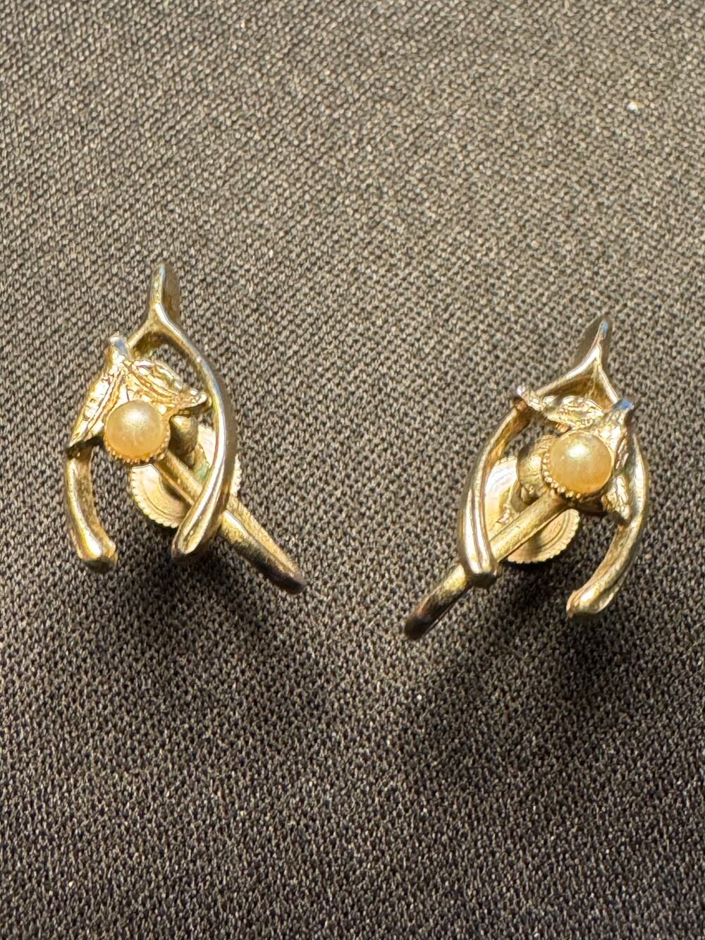 Vintage Gold tone Screw Back Wish Bone Earrings Faux Pearls